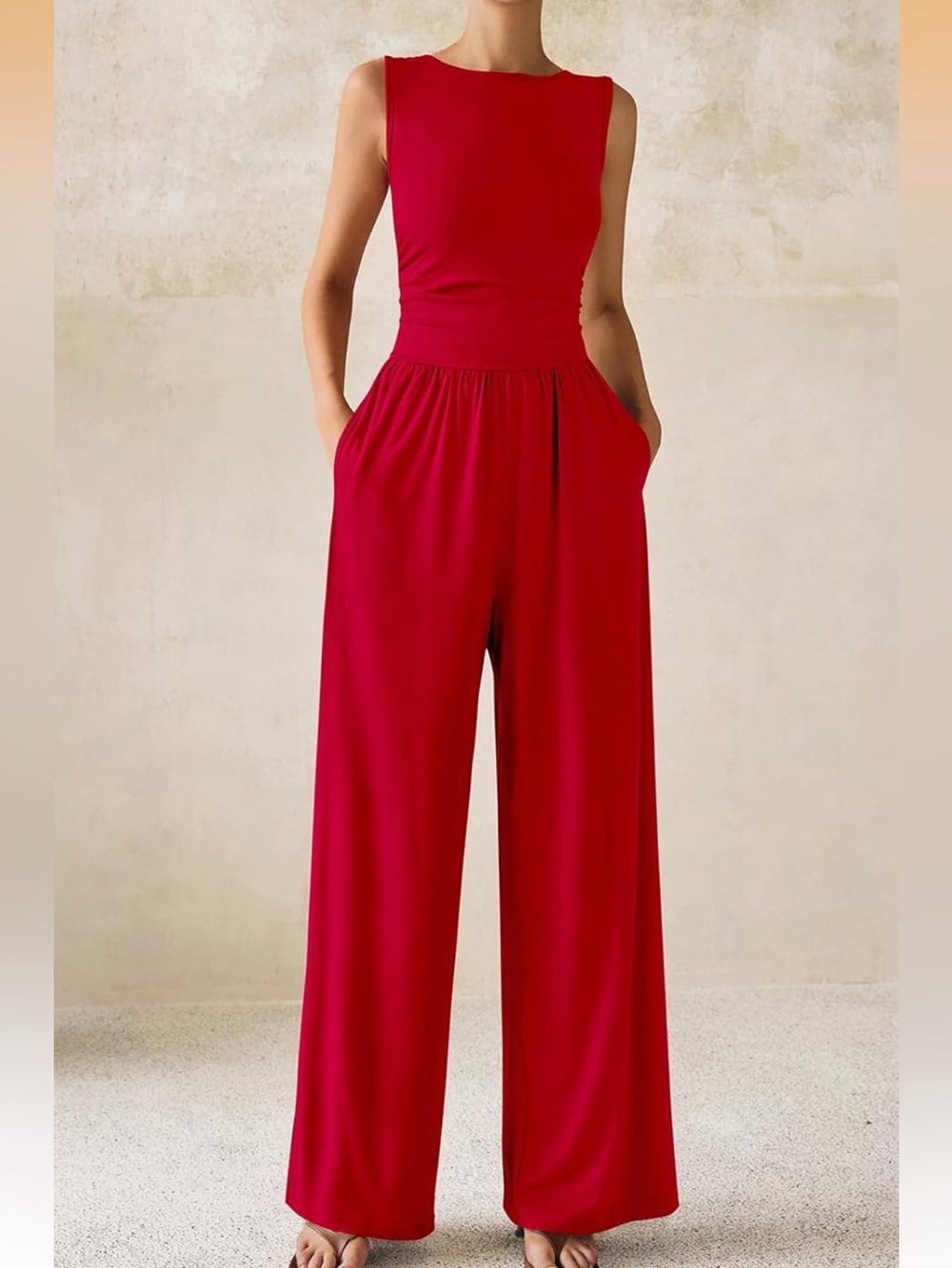Women's PRETTYGARDEN Sleeveless Wide-Leg Jumpsuit Red Size Medium